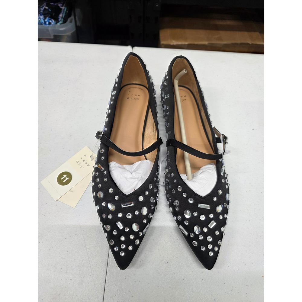 A New Day Womens Black Rhinestone Pointed Toe Mary Jane Flats Size 11 NWT
